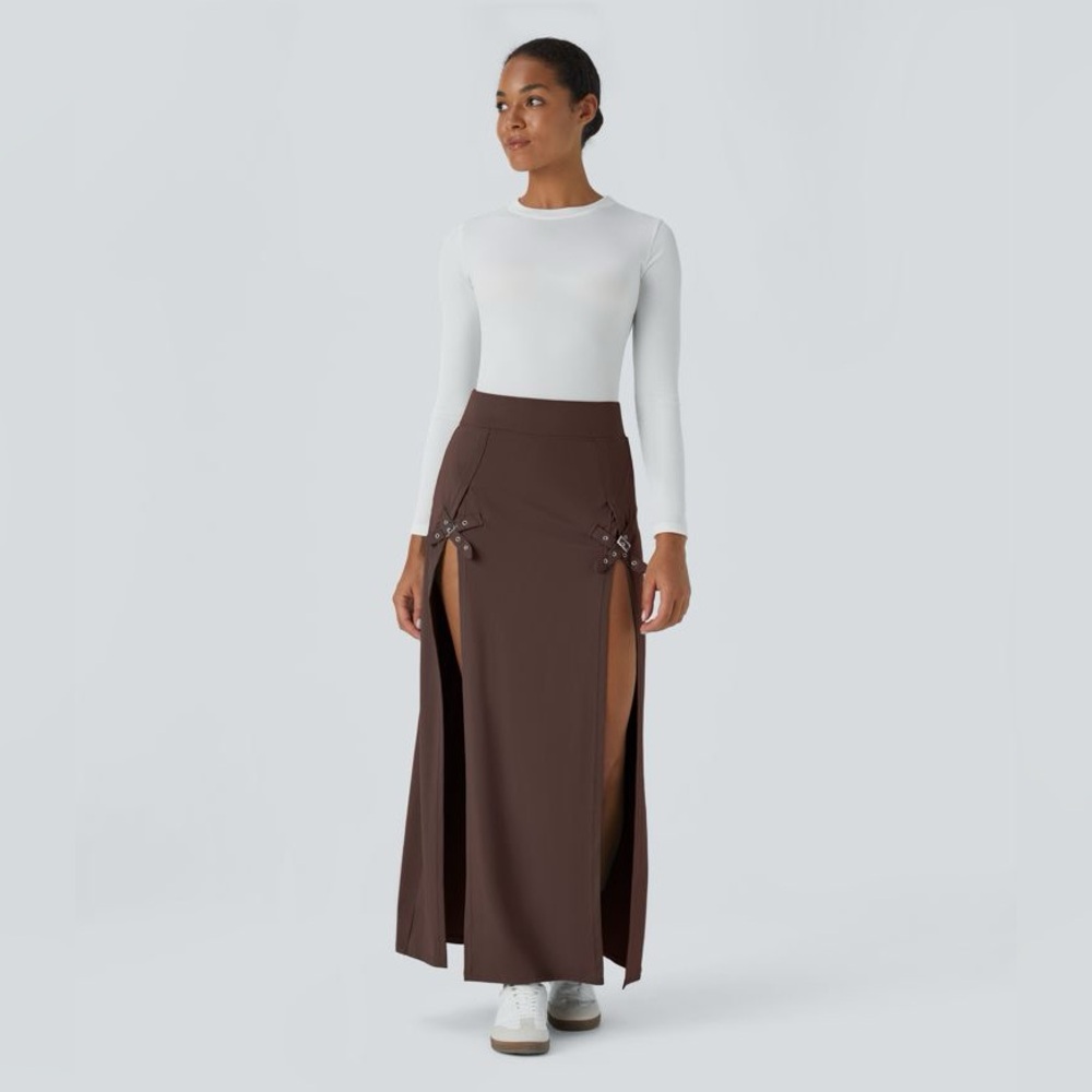 NWT HALARA Brown High Waisted Decorative Buckle Split 2-in-1 Maxi Casual Skirt - Picture 4 of 10